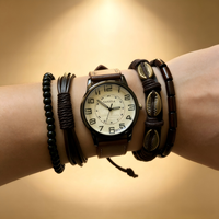 Set Jam Tangan Kulit Vintage Pria, Jam Tangan Analog Quartz Retro dengan Gelang Manik-Manik Kepang, Hadiah