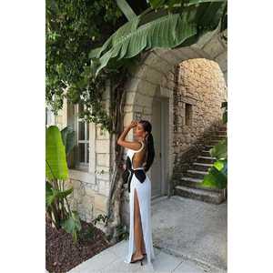 Robe de soirée blanche style simple col montant manches courtes détails de perles tailles XS/XL longueur au sol styles de fête - Disponible XS XL - Product Image 2