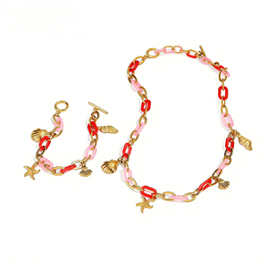 Conjunto de Collar y Pulsera de Acero Inoxidable Chapado en Oro, Estilo Marino, <span class=keywords><strong>Cadena</strong></span> de Resina con Colgante de Concha y Estrella de Mar para Mujer - Product Image 1