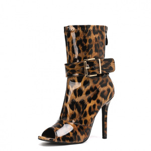 2026 New Sexy Women's Fashion Short Boots Toe Open Toe Leopard Print Color <b>Block</b> Ultra High Heel Mid-Calf Boots Back Zipper - Product Image 5