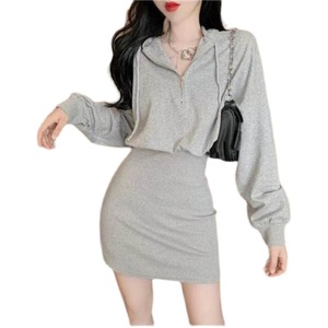 Hooded Long Sleeve Bodycon Dress Tight Waist Zipper Solid Color Casual Daily Wear Women's Mini Skirt Black Gray White - Product Image 5