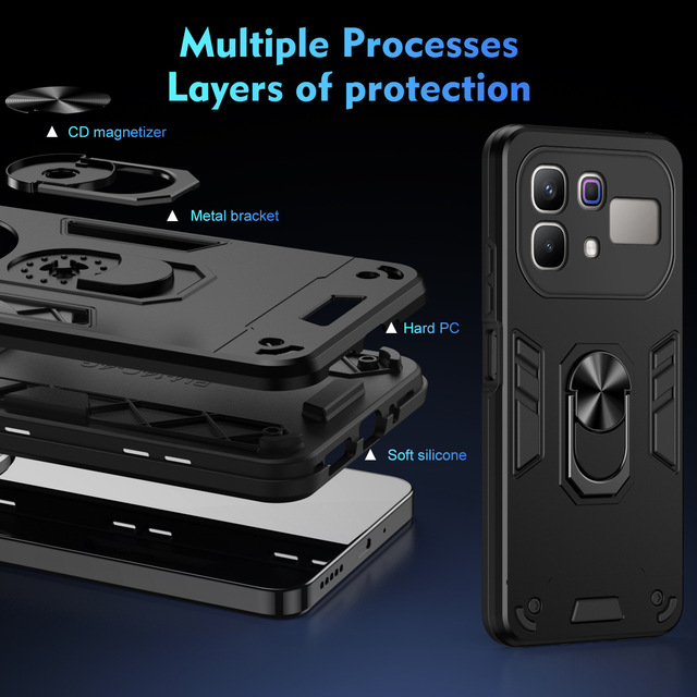 Rugged Armor Case with Ring Stand Heavy Duty PC TPU Shockproof Tactical Mobile Cover for Infinix Hot70 Tecno Phone Bumper Series