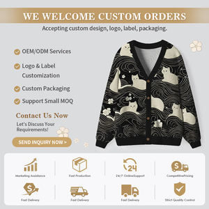 Suéter Cardigan Feminino de Tricô com Estampa de Gato, Suporte ODM/OEM, Logotipo Personalizado, Cardigan Térmico de Inverno, Suéteres Femininos de Tricô Estilo Ugly - Product Image 1
