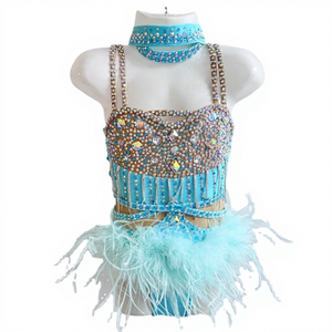 LIUHUO Set Costume da Ballo per Bambini Fucsia con Top Corto Decorato con Strass e <span class=keywords><strong>Gonna</strong></span> con <span class=keywords><strong>Piume</strong></span> - Product Image 4