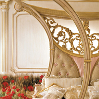 Cama con Dosel de Madera de Alta Gama, Tamaño Queen/King, Estilo Clásico Francés, Lujoso Marco de Cama con Dosel Dorado para Niñas