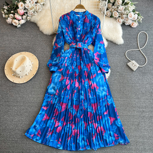 Retro Style Long Sleeved With Waistband and Slim A-line Printed Pleated Dress Elegant Large Hem Long Skirt - Product Image 4