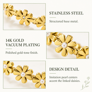 Brazalete floral con perlas de imitación, acero inoxidable y perlas de imitación, chapado al vacío en oro de 14 quilates - Product Image 4