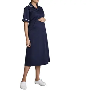 Hot Sale Wholesale Fashion Washable Navy Blue Pocket Short Sleeve Long Maternity Dress