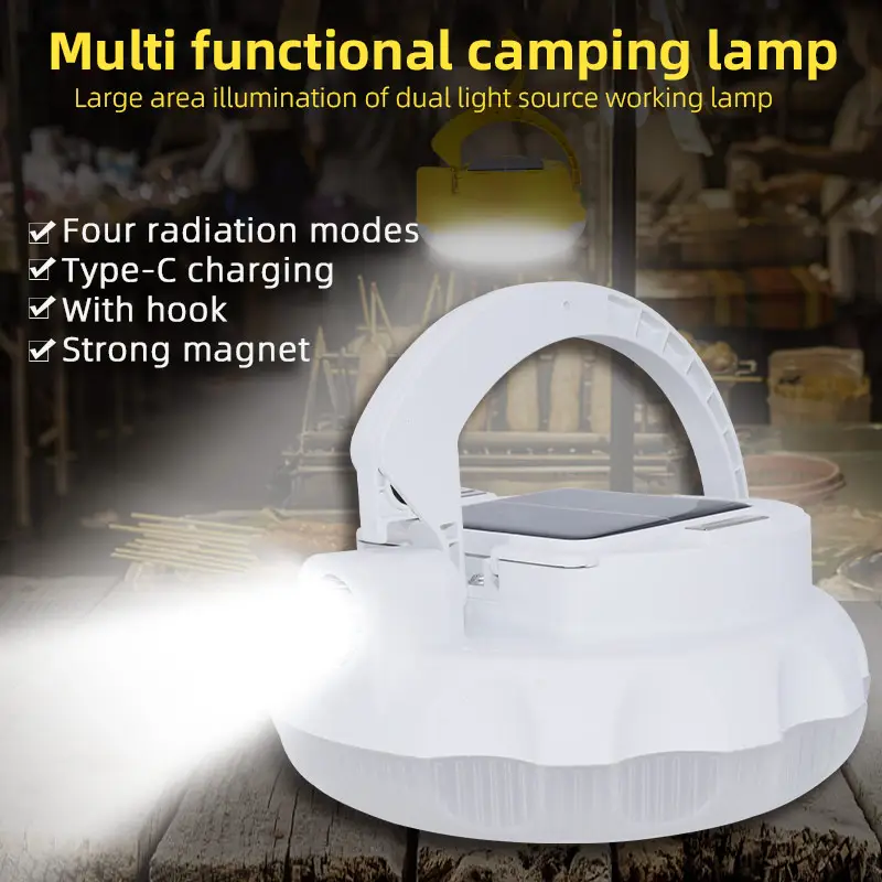 Luz Led Solar para acampar, lámpara de tienda portátil con 4 modos, recargable por USB C, linterna de tienda multifunción para emergencia de pesca y jardín