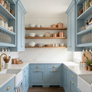 Custom Kitchen Furniture <b>Cupboards</b> Light Blue Solid <b>Wood</b> Kitchen Cabinets Luxury Designs With Golden Accessories - Product Image 2