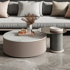 طقم طاولة قهوة دائرية فاخرة بتصميم إيطالي عصري مع خزانة طاولة شاي، حجم عائلي، معدني لغرفة المعيشة بجانب الأريكة - Product Image 1