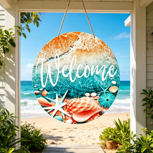 Ghirlanda di benvenuto da spiaggia per porta d'ingresso, decorazione da parete in legno dal design bohémien, divertente per matrimoni, compleanni, Pasqua - Product Image 2