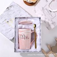 Tasses en céramique écologiques à motif imprimé effet marbre, ensemble cadeau transfrontalier pour couples, avec couvercle et cuillère créatifs