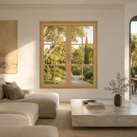 Ventana de Aluminio y Madera Compuesta con Arco, Doble Acristalamiento, Interior de Roble, Personalizada y de Lujo para Proyectos de Villas