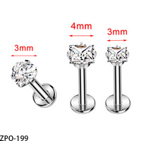 VIEN Jewellery ZPO-199 Bijoux de piercing personnalisés en Titane G23, Labret à dos plat avec Zircon Cubique (CZ) serti à griffes en forme de cœur et carré, pour Hélix et Tragus
