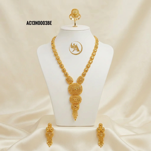 Parure de bijoux nigériens pour mariage : collier long, boucles d'oreilles et bague en laiton plaqué or jaune, style ethnique, pour femme - Product Image 1