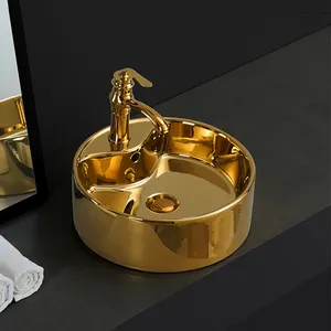 New Bathroom Art Plating Basin Gold Colored Unique Desisn Ceramics Round Art Electroplated Basin Bathroom Sinks