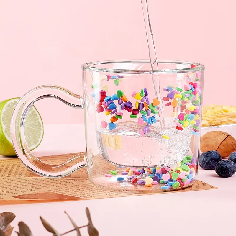 Korean Ins Kawaii Bubble Star Pink Heart Cup Star Sequins Double Wall Glass Coffee Cup Handle Heat Resistant Milk Mug