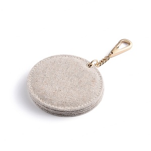 Light Grey Canvas Cotton Fabric Cover Embossed Private Logo Portable Cosmetic Keychain <b>Mirror</b> - Product Image 3