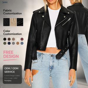 Blouson Bomber Femme Personnalisé en <span class=keywords><strong>Cuir</strong></span> Noir de Haute Qualité, Style Moto, Col V, Manches Longues, Fermeture Éclair Asymétrique, Ceinturé, Coupe Courte, Collection Printemps - Product Image 1