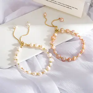 Pulsera De Perlas De oro rosa Natural para mujer, brazalete ajustable, 14K, chapado en oro, blanco, rosa, Barroco