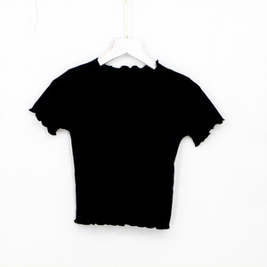 T-shirt court côtelé pour femme à manches courtes, col à volants, couleur unie, tricoté, décontracté, coupe ajustée - Product Image 2
