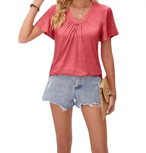 2024 Spring And Summer Women's New Solid Color V-neck T-shirt Loose Urban Casual Fashion Short-sleeved T-shirt Tops lady