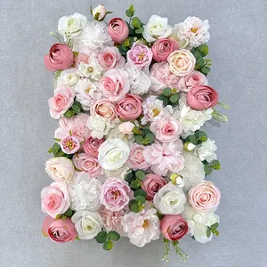 Custom 3D 5D Fabric Cloth Roll Up Artificial Silk Rose Peony Flowers Wall Backdrop Panel Wedding Decor Artificial Flower Wall