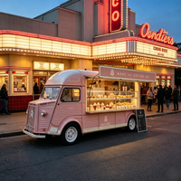 Camion de restauration mobile rose rétro personnalisé avec vitrine à beignets en verre, bar à café et expresso pour Cinema Plaza
