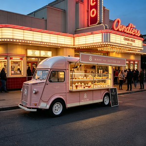 Camion de restauration mobile rose rétro personnalisé avec vitrine à beignets en verre, bar à café et expresso pour Cinema <span class=keywords><strong>Plaza</strong></span> - Product Image 1