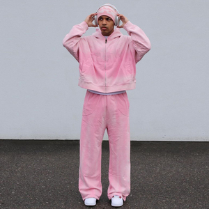 هودي شتوي مطبوع من القطن الفرنسي 100٪ بوزن 450 جرام للمتر المربع، مزين بالأحجار الكريمة، بتصميم متهالك ولون وردي مجفف بالشمس، قصة فضفاضة للرجال، ملابس الشارع - Product Image 3