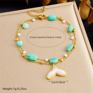 Chaîne de cheville en acier inoxydable avec queue de sirène, perles de turquoise naturelle et perles d'eau douce de 4-6 mm, double couche, personnalisable OEM, vente en gros - Product Image 6