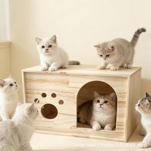 Lit pour chat en bois de style dessin animé, transfrontalier, lit partagé pour chat en bois, banc de balcon, lit multifonctionnel pour animaux de compagnie en bois massif - Product Image 1