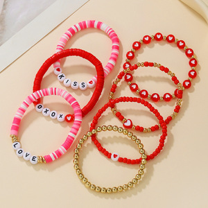 Valentine's Day Beaded <b>Bracelet</b> Set <b>Red</b> Heart Pendant Jewelry Gift for Women Fashion Accessories - Product Image 4
