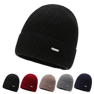 Cheap Mens Thickened Fleece Lined Knitted Ski Hats Winter Warm Fashion Solid Color Rib Knit Hat