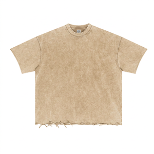 T-shirt oversize vintage beige délavé pour homme – Tee-shirt streetwear à manches courtes et ourlet brut vieilli - Product Image 1