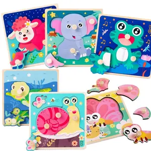 New 3d Hand Holding Pegged Puzzle Board Kids Early Educational Wooden Toys Cartoon Animal Matching Jigsaw Puzzle