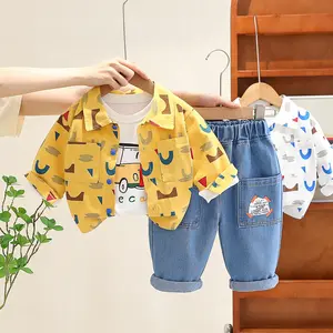 Sunny Baby Boys 0-4T Spring And Autumn Lapel Cardigan + Long-Sleeved Hoodie + Jeans 3 Pieces Set Baby Clothes Boys