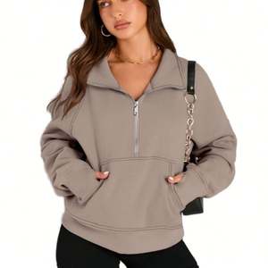 Sweat-shirt pour femme en molleton French Terry beige uni, respirant, brodé, style Hip Hop, coupe régulière, manches longues, avec demi-fermeture éclair sur le devant - Product Image 3