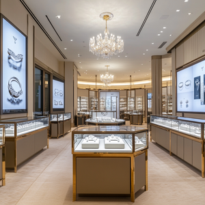 Joyería personalizada, centro comercial, diseño de quiosco de joyería, estante de exhibición de pared de Metal plateado para joyería - Product Image 1