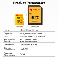 Tarjetas SD de Plástico Populares Kodak U3 V30 Clase 10 de 128 GB y 256 GB, Tarjeta SDXC TF con Garantía de 3 Años