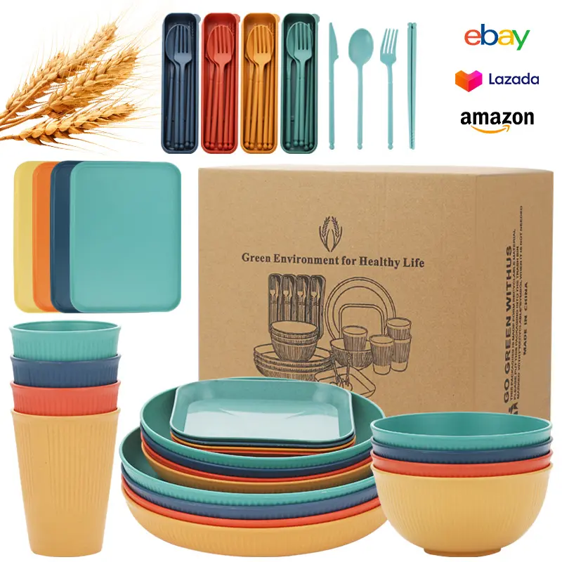 Ensemble de vaisselle en paille de blé portable tasse à assiette à motif vertical et bol à riz pour le camping et les pique-niques cadeau parfait