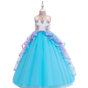 Vestido de Fiesta de Cumpleaños para Niñas con Encaje, Flores y Volantes de Unicornio, Venta al Por Mayor, DJS009 - Product Image 3