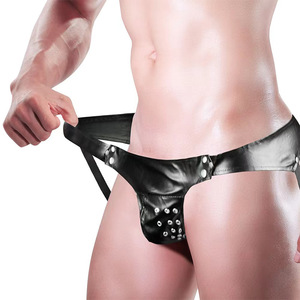 <b>Men's</b> Faux Leather <b>Studded</b> Thong Black Low-Rise Spandex Elastic Drawstring Underwear <b>for</b> Nightlife Spring 2023 - Product Image 4