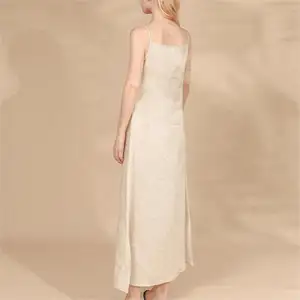Customize Backless Sleeveless Solid V Neck Casual Summer Straight Dresses Loose Maxi Long OEM Simple 100% Pure Linen Dress Woman