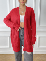 Cardigan en maille côtelée à manches longues pour femme, coupe décontractée, avec poches, 100 % acrylique, infroissable, collection automne
