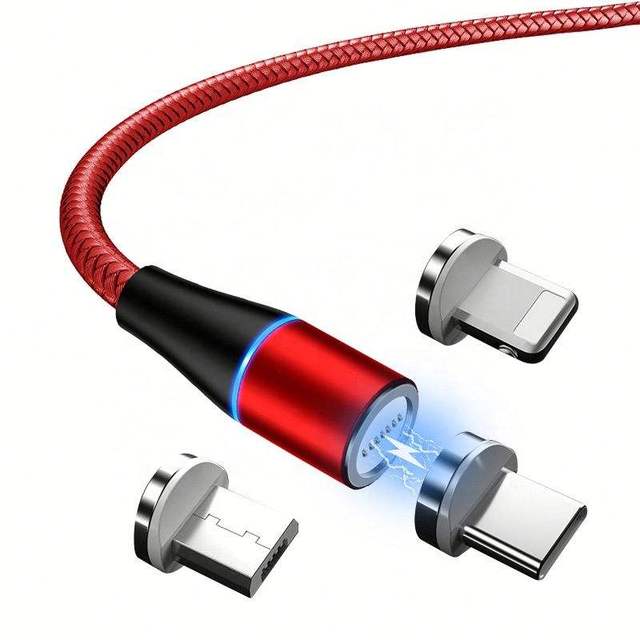 3 in 1 Nylon Braided Magnetic Cable 540 Rotation LED Light 3A Charging USB Type C 1M Cable Wholesale for IOS Android Devices