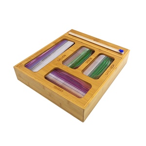 Bamboo Wooden ziplock Plastic bag storage organizer Organizer and Wrap Dispenser with Cutter For Kitchen Drawer Organiser