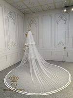 QUEENSGOWN Simple Élégant Voile De Mariée Ivoire À Deux Couches Avec Double Ruban De Satin Bord Mariage De Mariée Long Train Voile Avec Peigne