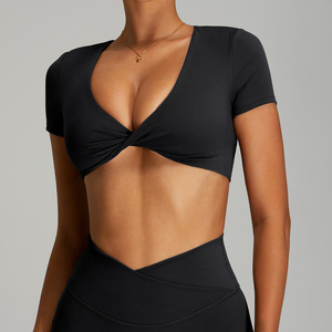 Women Twist Front Deep V <b>Crop</b> Yoga T Shirt Hollow Back Short Sleeve Built In Padded Bra Workout Tee Slim Fit Pilates Fitness <b>Top</b> - Product Image 1